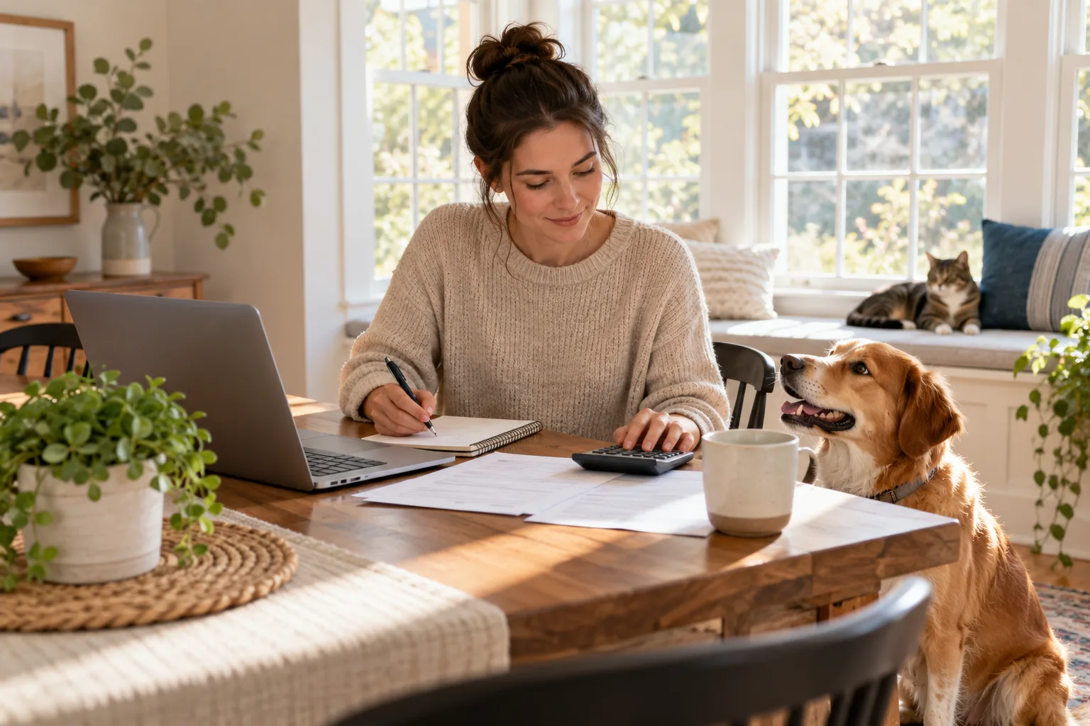 Owner reading papers at a table beside a brown-and-white dog