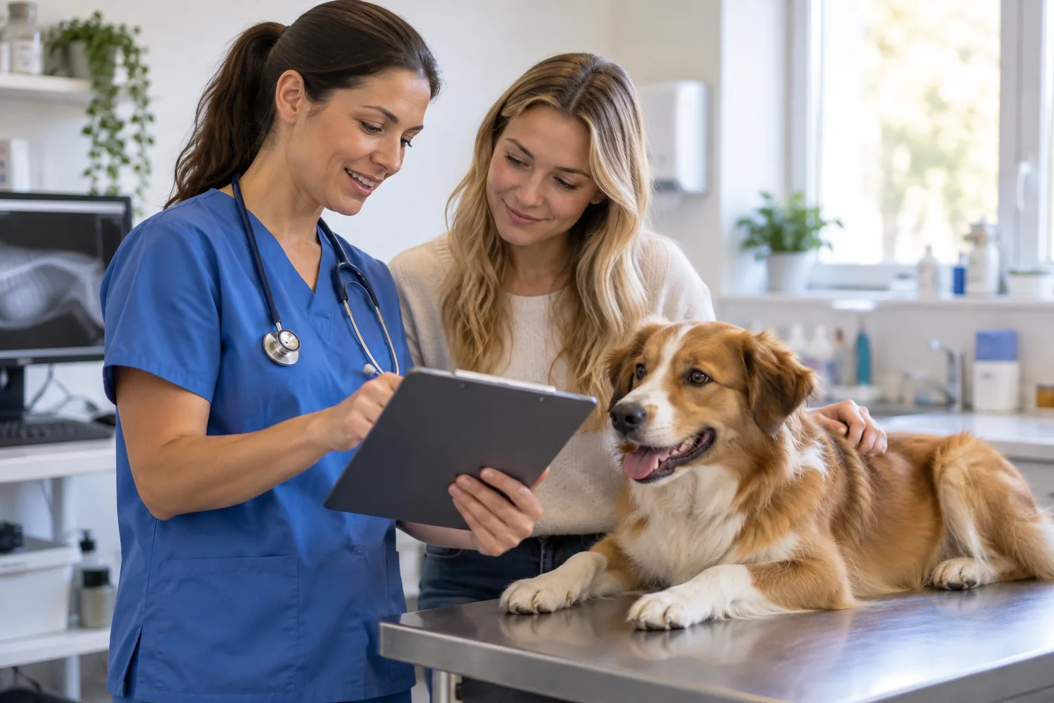 Veterinary professional discussing a tablet beside an owner and dog